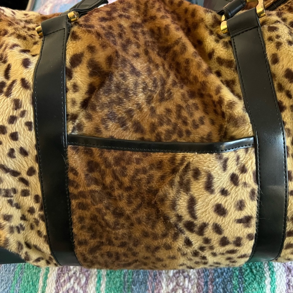 Faux Fur Leopard Print Tote Bag with Black Accents - Picture 2 of 7